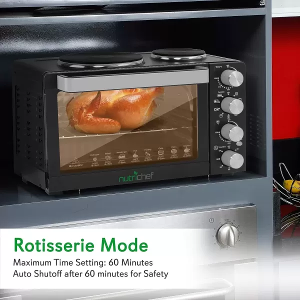 imageNutriChef 30 Quart Kitchen Convection Oven ampamp 2 Burner Cooker  1500 Watt Oven  7 Cook Functions Rotisserie Cook Bake Broil ampamp More  Includes Baking Tray Skewers ampamp Handles  196 x 160 x 135 IN