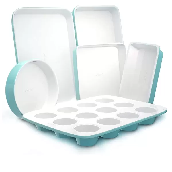 imageNutriChef 6Piece Baking Pan Set Carbon Steel Bakeware with Premium Ceramic Nonstick Coating Includes 12Cup Muffin Pan Cake ampamp Loaf Pan Wide Bake Pan ampamp Cookie Sheet  Turquoise