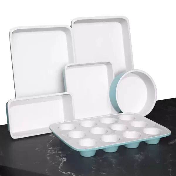 imageNutriChef 6Piece Baking Pan Set Carbon Steel Bakeware with Premium Ceramic Nonstick Coating Includes 12Cup Muffin Pan Cake ampamp Loaf Pan Wide Bake Pan ampamp Cookie Sheet  Turquoise