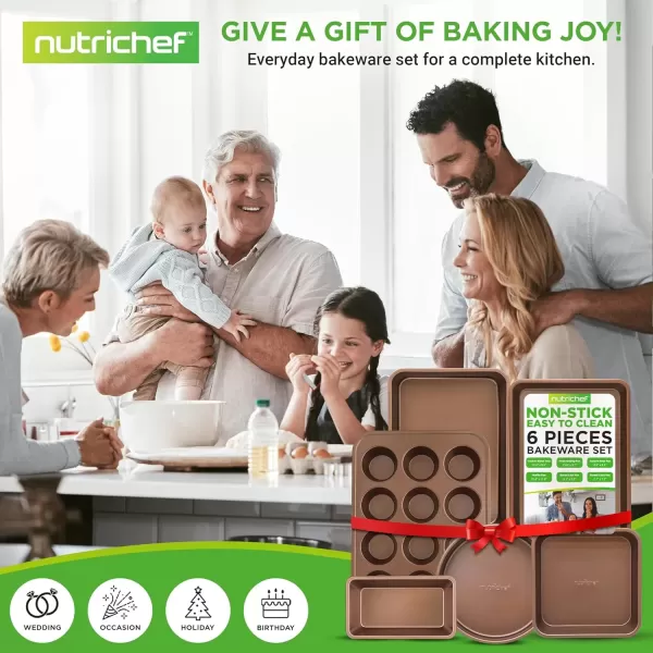 imageNutriChef 6Piece Nonstick Baking Pans Set  Black Carbon Steel with Premium NonStick Coating  Includes Cookie Baking Sheets 12Cup Muffin Pan Roasting Pan Loaf ampamp Cake Pans  Dishwasher SafeGold