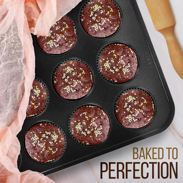 imageNutriChef 6Piece Nonstick Baking Pans Set  Black Carbon Steel with Premium NonStick Coating  Includes Cookie Baking Sheets 12Cup Muffin Pan Roasting Pan Loaf ampamp Cake Pans  Dishwasher SafeBlack