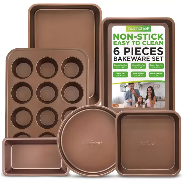 imageNutriChef 6Piece Nonstick Baking Pans Set  Black Carbon Steel with Premium NonStick Coating  Includes Cookie Baking Sheets 12Cup Muffin Pan Roasting Pan Loaf ampamp Cake Pans  Dishwasher SafeGold