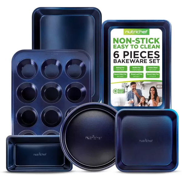 imageNutriChef 6Piece Nonstick Baking Pans Set  Black Carbon Steel with Premium NonStick Coating  Includes Cookie Baking Sheets 12Cup Muffin Pan Roasting Pan Loaf ampamp Cake Pans  Dishwasher SafeBlue Diamond