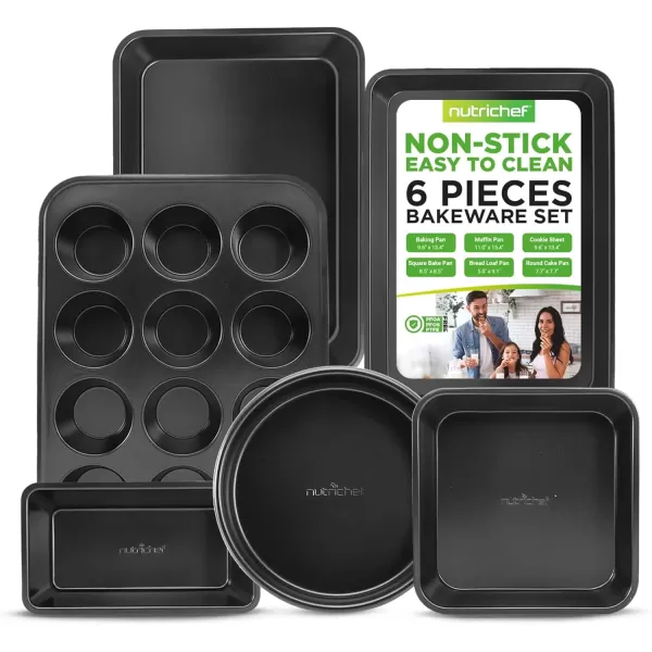 imageNutriChef 6Piece Nonstick Baking Pans Set  Black Carbon Steel with Premium NonStick Coating  Includes Cookie Baking Sheets 12Cup Muffin Pan Roasting Pan Loaf ampamp Cake Pans  Dishwasher SafeBlack