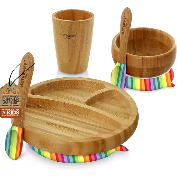 imageNutriChef Baby Feeding Plate ampamp Bowl Wooden Suction Plate and Bowl Infant Toddler Dish Cup and Spoon Set with Silicone Suction Base for Stay Put Eating For Children Aged 472 MonthsRainbow Small