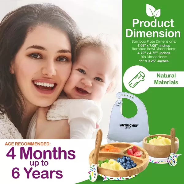 imageNutriChef Baby and Toddler 3 compartment plate bowl and spoon feeding set silicon suction Nontoxic all natural Bamboo baby food plate with silicon bib