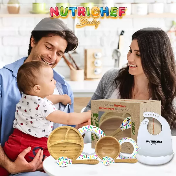 imageNutriChef Baby and Toddler 3 compartment plate bowl and spoon feeding set silicon suction Nontoxic all natural Bamboo baby food plate with silicon bib