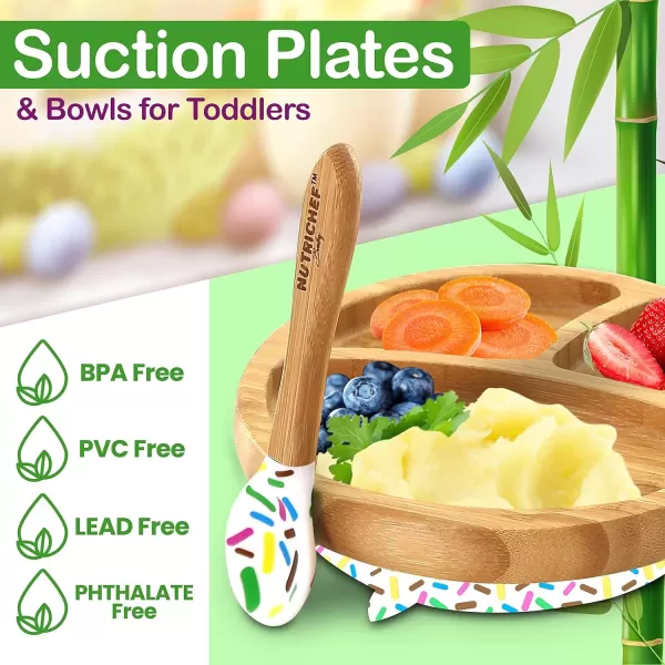 imageNutriChef Baby and Toddler 3 compartment plate bowl and spoon feeding set silicon suction Nontoxic all natural Bamboo baby food plate with silicon bib
