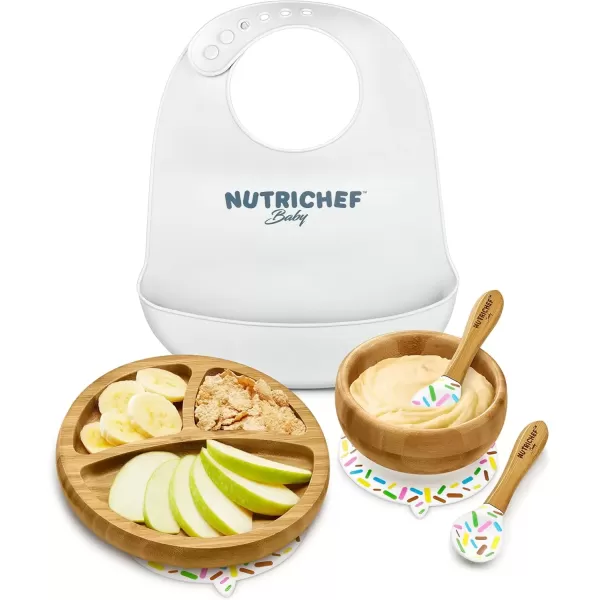 imageNutriChef Baby and Toddler 3 compartment plate bowl and spoon feeding set silicon suction Nontoxic all natural Bamboo baby food plate with silicon bib