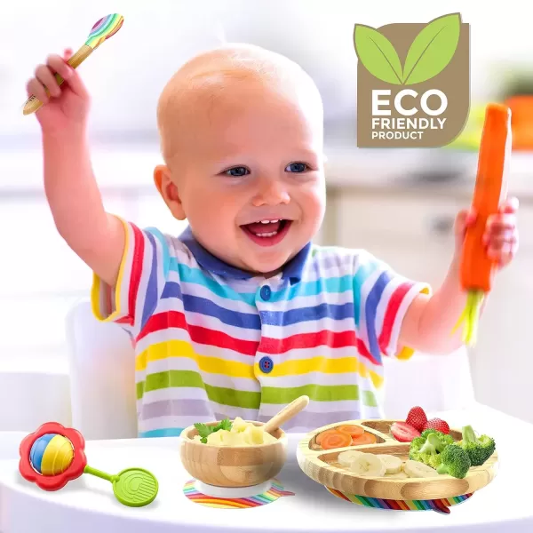 imageNutriChef Baby and Toddler plate  silicon suction 3 compartment Nontoxic Allnatural Bamboo Baby Food plate Rainbow