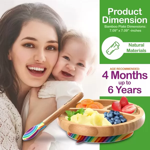 imageNutriChef Baby and Toddler plate  silicon suction 3 compartment Nontoxic Allnatural Bamboo Baby Food plate Rainbow