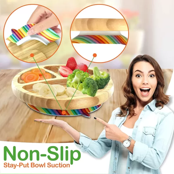 imageNutriChef Baby and Toddler plate  silicon suction 3 compartment Nontoxic Allnatural Bamboo Baby Food plate Rainbow