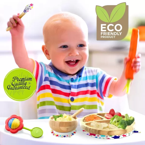 imageNutriChef Baby and Toddler plate  silicon suction 3 compartment Nontoxic Allnatural Bamboo Baby Food plate Stars