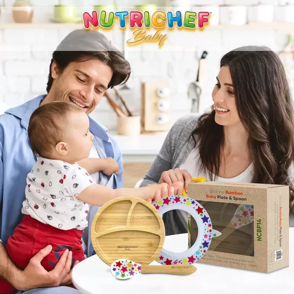 imageNutriChef Baby and Toddler plate  silicon suction 3 compartment Nontoxic Allnatural Bamboo Baby Food plate Stars