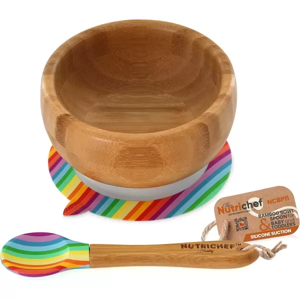 imageNutriChef Bamboo Baby Feeding Bowl  Wooden Infant Toddler Dish and Spoon Set wSilicone Suction Base for Stay Put Eating For Children Aged 472 Months Rainbow Small