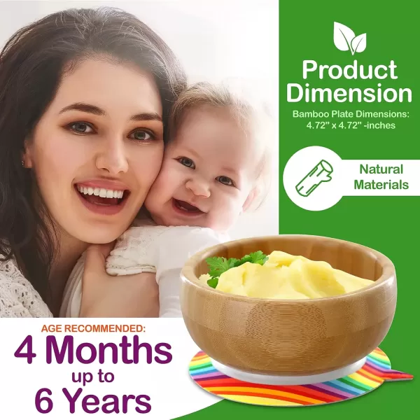imageNutriChef Bamboo Baby Feeding Bowl  Wooden Infant Toddler Dish and Spoon Set wSilicone Suction Base for Stay Put Eating For Children Aged 472 Months Rainbow Small