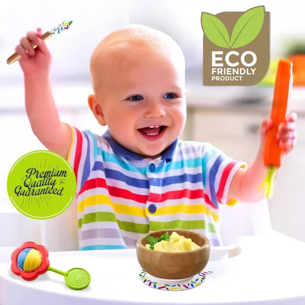 imageNutriChef Bamboo Baby Feeding Bowl  Wooden Infant Toddler Dish and Spoon Set wSilicone Suction Base for Stay Put Eating For Children Aged 472 Months Sparkle
