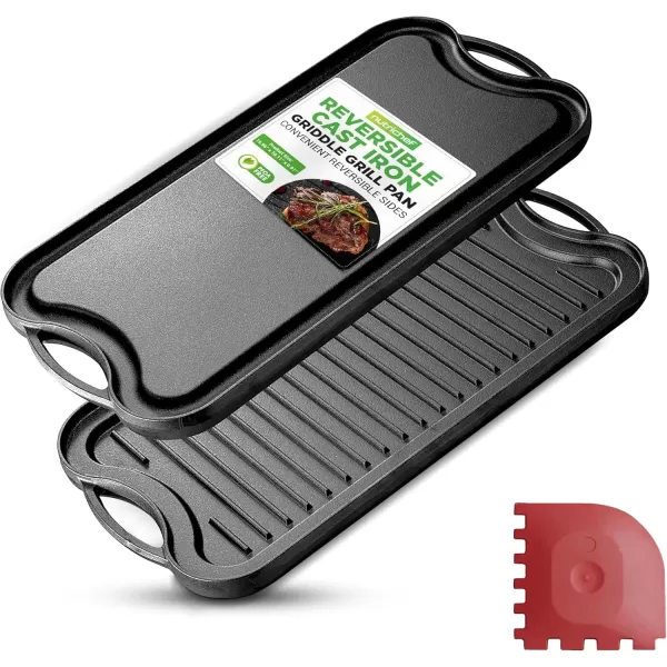 imageNutriChef Cast Iron Reversible Grill Plate  18 Inch Flat ampamp Ridged Skillet Griddle Pan Fits Two Burners for Gas Electric Ceramic Stovetops with Silicone Oven MittBlack