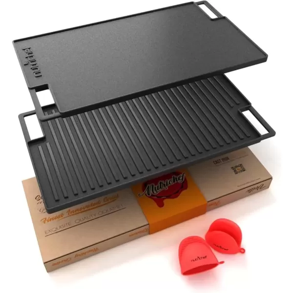imageNutriChef Cast Iron Reversible Grill Plate  18 Inch Flat ampamp Ridged Skillet Griddle Pan Fits Two Burners for Gas Electric Ceramic Stovetops with Silicone Oven MittBlack