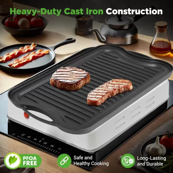 imageNutriChef Cast Iron Reversible Grill Plate  18 Inch Flat ampamp Ridged Skillet Griddle Pan Fits Two Burners for Gas Electric Ceramic Stovetops with Silicone Oven MittBlack