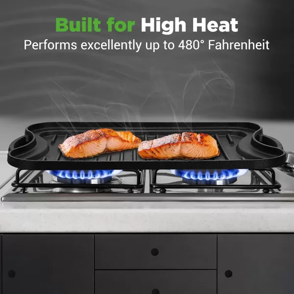 imageNutriChef Cast Iron Reversible Grill Plate  18 Inch Flat ampamp Ridged Skillet Griddle Pan Fits Two Burners for Gas Electric Ceramic Stovetops with Silicone Oven MittBlack