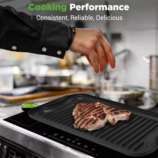 imageNutriChef Cast Iron Reversible Grill Plate  18 Inch Flat ampamp Ridged Skillet Griddle Pan Fits Two Burners for Gas Electric Ceramic Stovetops with Silicone Oven MittBlack