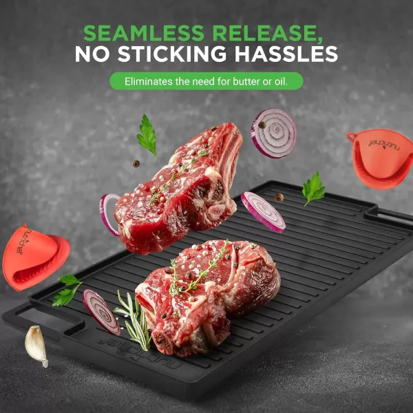 imageNutriChef Cast Iron Reversible Grill Plate  18 Inch Flat ampamp Ridged Skillet Griddle Pan Fits Two Burners for Gas Electric Ceramic Stovetops with Silicone Oven MittBlack