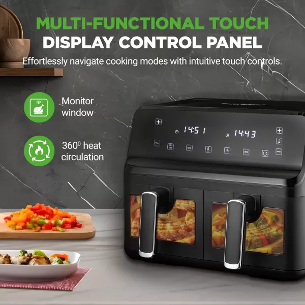 imageNutriChef Double Basket Air Fryer 88 QT Family Size Oil Free Digital Cooker with Transparent Window 91 Preset Cooking Options 360 Hot Air Circulation Technology 44 QTs per Basket Black88 QT
