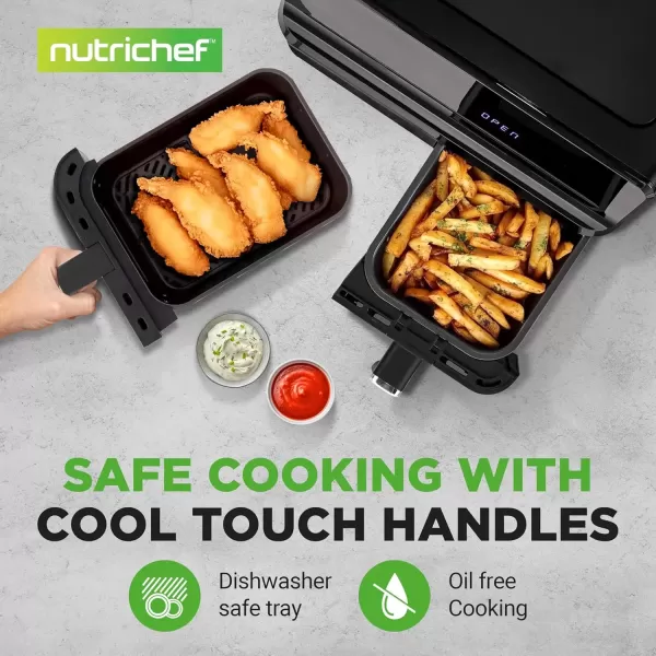 imageNutriChef Double Basket Air Fryer 88 QT Family Size Oil Free Digital Cooker with Transparent Window 91 Preset Cooking Options 360 Hot Air Circulation Technology 44 QTs per Basket Black88 QT