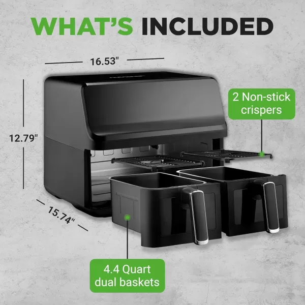 imageNutriChef Double Basket Air Fryer 88 QT Family Size Oil Free Digital Cooker with Transparent Window 91 Preset Cooking Options 360 Hot Air Circulation Technology 44 QTs per Basket Black88 QT
