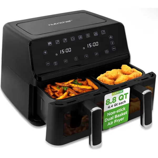imageNutriChef Double Basket Air Fryer 88 QT Family Size Oil Free Digital Cooker with Transparent Window 91 Preset Cooking Options 360 Hot Air Circulation Technology 44 QTs per Basket Black88 QT