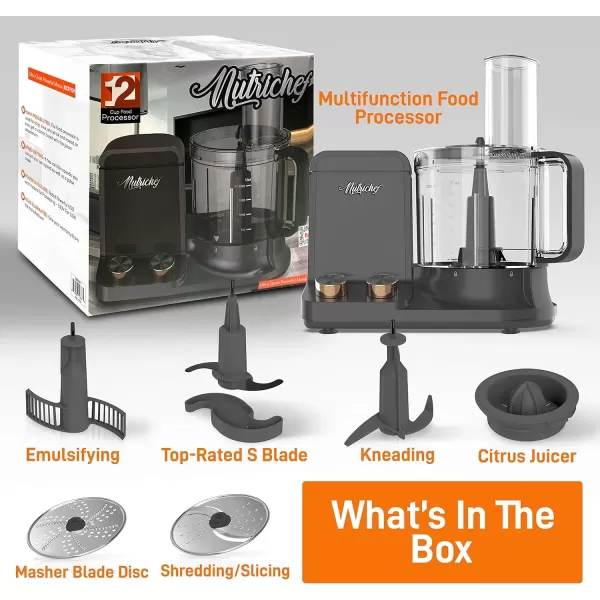 imageNutriChef Food Processor 2 Liter Capacity  Multipurpose ampamp Ultra Quiet Powerful Motor  Includes 6 Attachment Blades  12 Cup Capacity  PreSet Speed For Easy Use  Black Chrome ampamp Space GrayGray