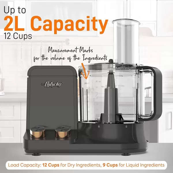 imageNutriChef Food Processor 2 Liter Capacity  Multipurpose ampamp Ultra Quiet Powerful Motor  Includes 6 Attachment Blades  12 Cup Capacity  PreSet Speed For Easy Use  Black Chrome ampamp Space GraySpace Gray