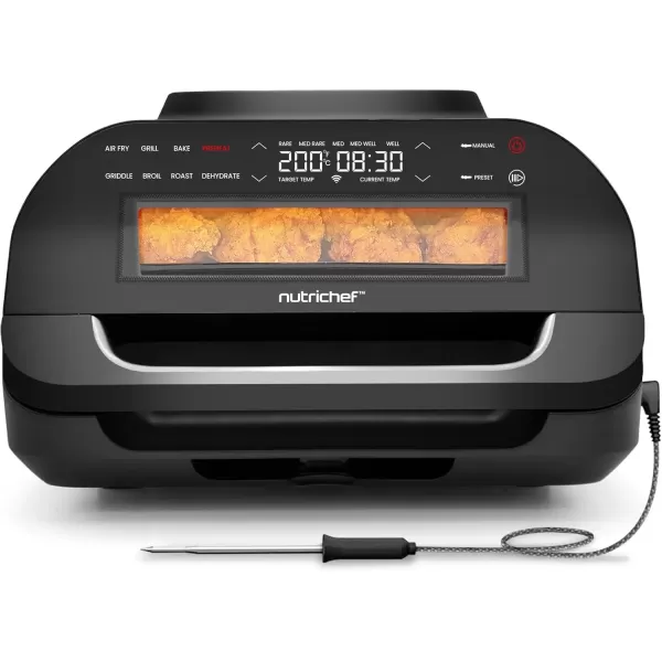 imageNutriChef Indoor Smokeless Grill  Smart Grill ampamp Air Fryer with 7 Cooking Functions  6L Capacity  Includes Smart Thermometer  Precise Temperature Control  NonStick Removable Grill Plates
