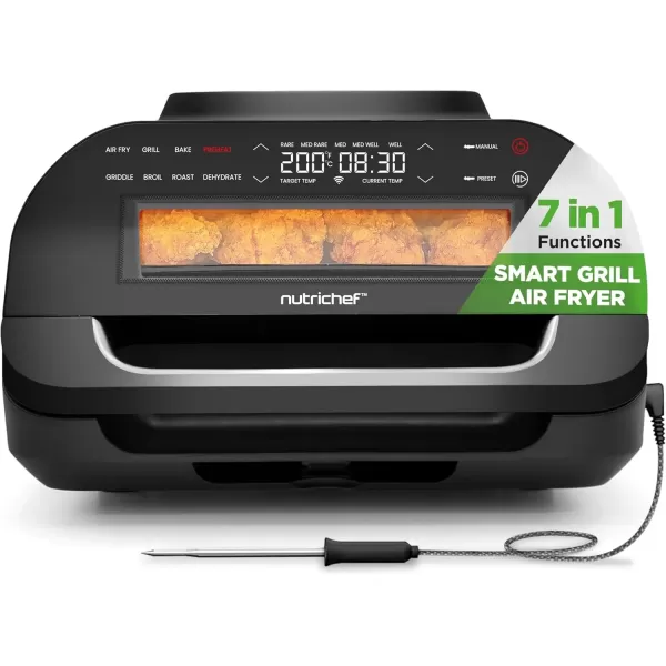 imageNutriChef Indoor Smokeless Grill  Smart Grill ampamp Air Fryer with 7 Cooking Functions  6L Capacity  Includes Smart Thermometer  Precise Temperature Control  NonStick Removable Grill Plates