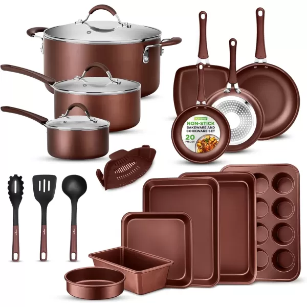imageNutriChef Kitchenware Pots ampamp Pans Set  Highqualified Basic Kitchen Cookware Set NonStick 20Piece SetBrown