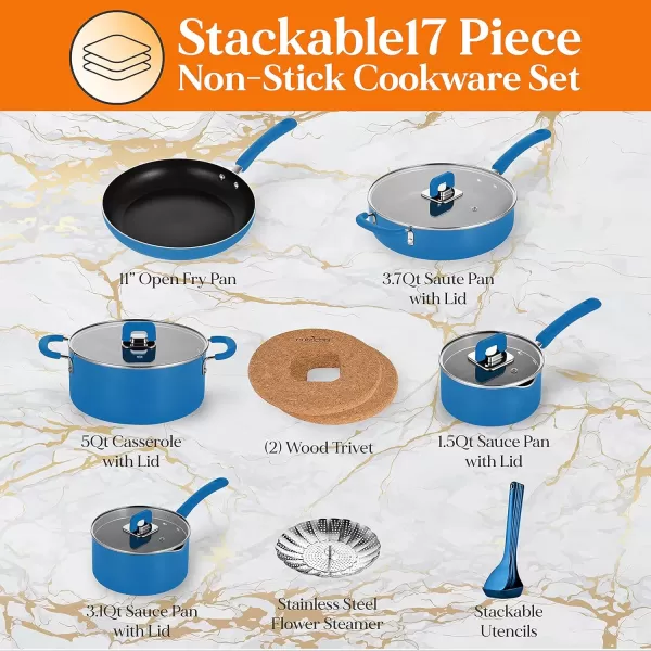 imageNutriChef Space Saver 17Piece Nonstick Cookware Set  Brown Pots and Pans with Stackable Design Foldable Handles Induction ReadyBlue