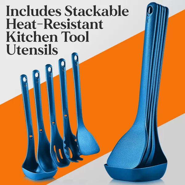 imageNutriChef Space Saver 17Piece Nonstick Cookware Set  Brown Pots and Pans with Stackable Design Foldable Handles Induction ReadyBlue
