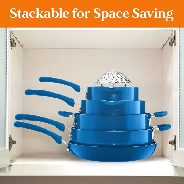 imageNutriChef Space Saver 17Piece Nonstick Cookware Set  Brown Pots and Pans with Stackable Design Foldable Handles Induction ReadyBlue