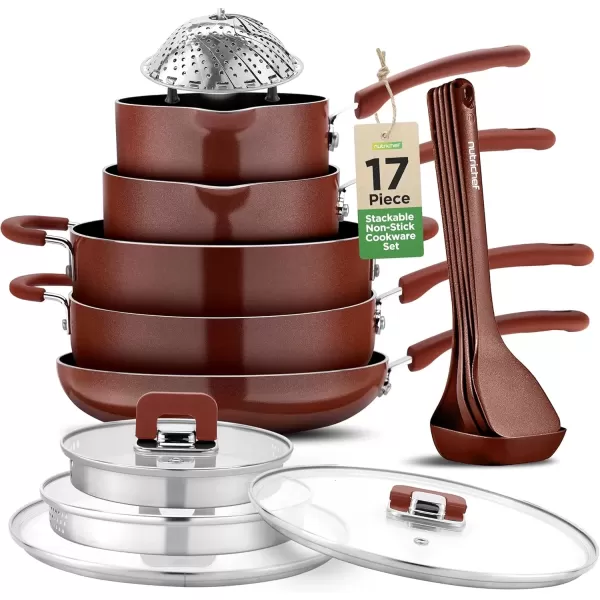 imageNutriChef Space Saver 17Piece Nonstick Cookware Set  Brown Pots and Pans with Stackable Design Foldable Handles Induction ReadyBrown