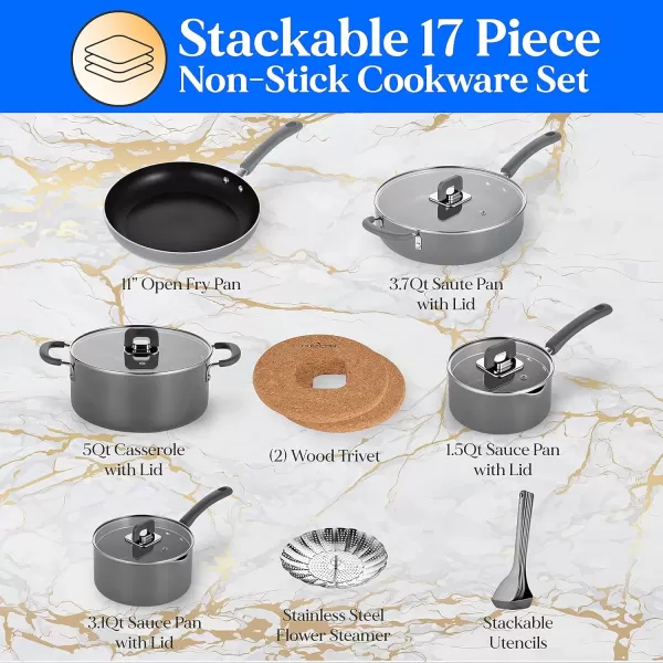 imageNutriChef Space Saver 17Piece Nonstick Cookware Set  Brown Pots and Pans with Stackable Design Foldable Handles Induction ReadyGray