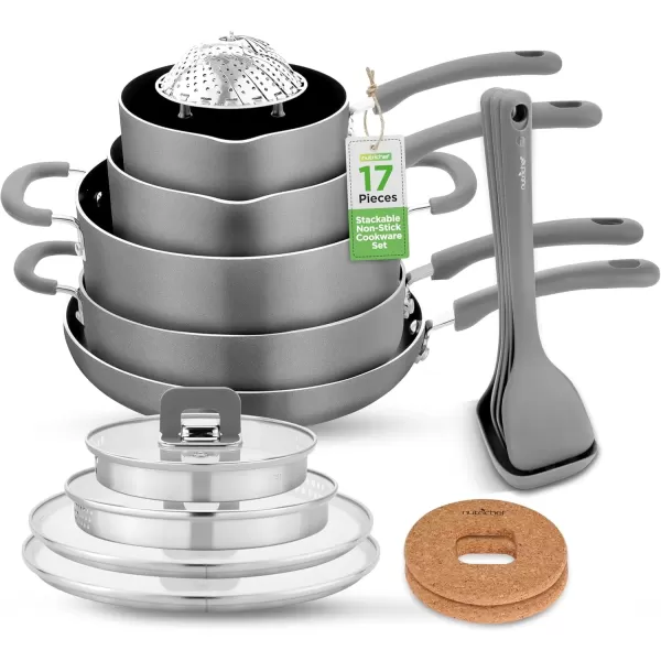 imageNutriChef Space Saver 17Piece Nonstick Cookware Set  Brown Pots and Pans with Stackable Design Foldable Handles Induction ReadyGray
