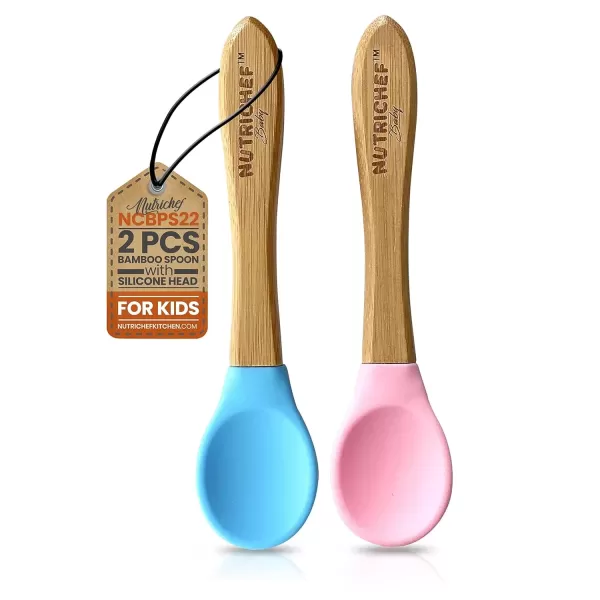 imageNutrichef 2 Piece Baby ampamp Toddler Spoon Set All Natural Wooden Spoon Set wSoft Curved Food Grade Silicone Head SelfFeeding Utensils BPA Free Toddler ampamp Child Tableware for ages 4 months 6 yearsBlue and Pink