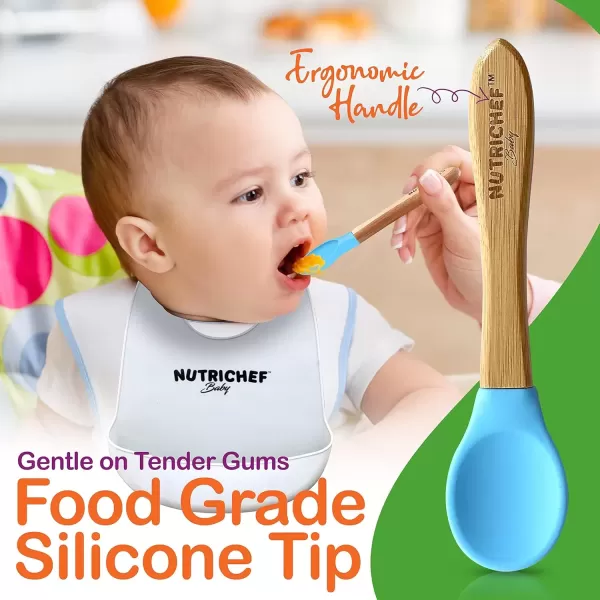 imageNutrichef 2 Piece Baby ampamp Toddler Spoon Set All Natural Wooden Spoon Set wSoft Curved Food Grade Silicone Head SelfFeeding Utensils BPA Free Toddler ampamp Child Tableware for ages 4 months 6 yearsBlue and Pink