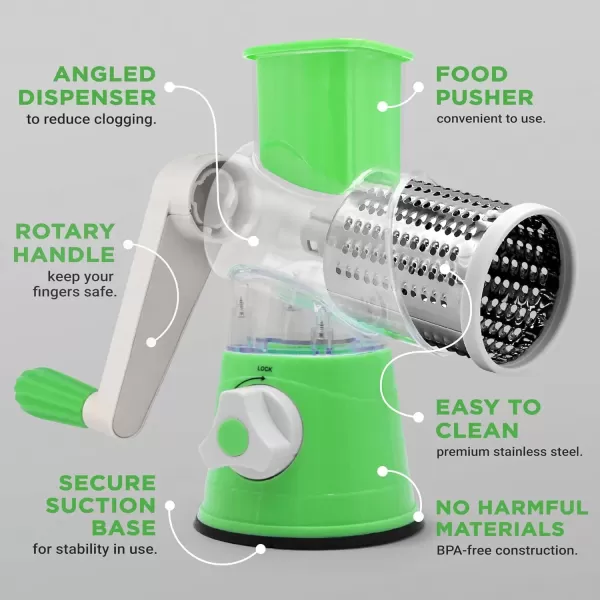 imageNutrichef 3 in 1 Cheese Grater ampamp Shredder  Strong Suction Base Rotary Handle with Safety Lock  Includes Cleaning Brush Hand Crank ampamp 3 Drum Blades for 3 Textures Fine Medium ampamp Strips  BlackGreen
