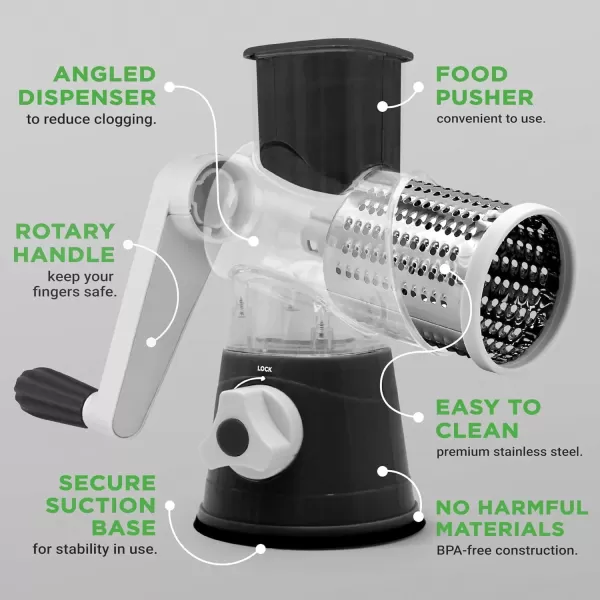 imageNutrichef 3 in 1 Cheese Grater ampamp Shredder  Strong Suction Base Rotary Handle with Safety Lock  Includes Cleaning Brush Hand Crank ampamp 3 Drum Blades for 3 Textures Fine Medium ampamp Strips  BlackBlack