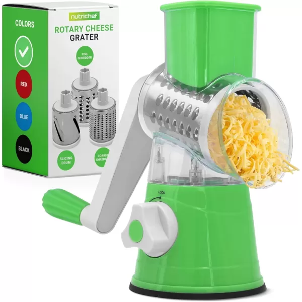 imageNutrichef 3 in 1 Cheese Grater ampamp Shredder  Strong Suction Base Rotary Handle with Safety Lock  Includes Cleaning Brush Hand Crank ampamp 3 Drum Blades for 3 Textures Fine Medium ampamp Strips  BlackGreen