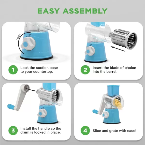 imageNutrichef 3 in 1 Cheese Grater ampamp Shredder  Strong Suction Base Rotary Handle with Safety Lock  Includes Cleaning Brush Hand Crank ampamp 3 Drum Blades for 3 Textures Fine Medium ampamp Strips  BlackBlue