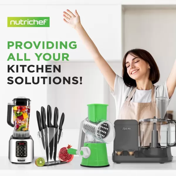 imageNutrichef 3 in 1 Cheese Grater ampamp Shredder  Strong Suction Base Rotary Handle with Safety Lock  Includes Cleaning Brush Hand Crank ampamp 3 Drum Blades for 3 Textures Fine Medium ampamp Strips  BlackGreen
