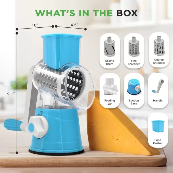 imageNutrichef 3 in 1 Cheese Grater ampamp Shredder  Strong Suction Base Rotary Handle with Safety Lock  Includes Cleaning Brush Hand Crank ampamp 3 Drum Blades for 3 Textures Fine Medium ampamp Strips  BlackBlue